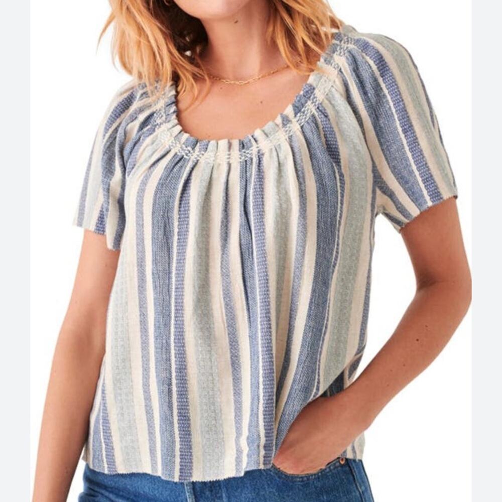 Faherty Annabel Navy Slub Organic Cotton Stripe Blue Top size small